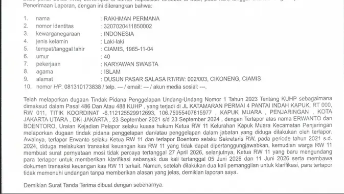 Eks Ketua RW Dipolisikan Terkait Dugaan Penggelapan Kas Rp 11 Miliar